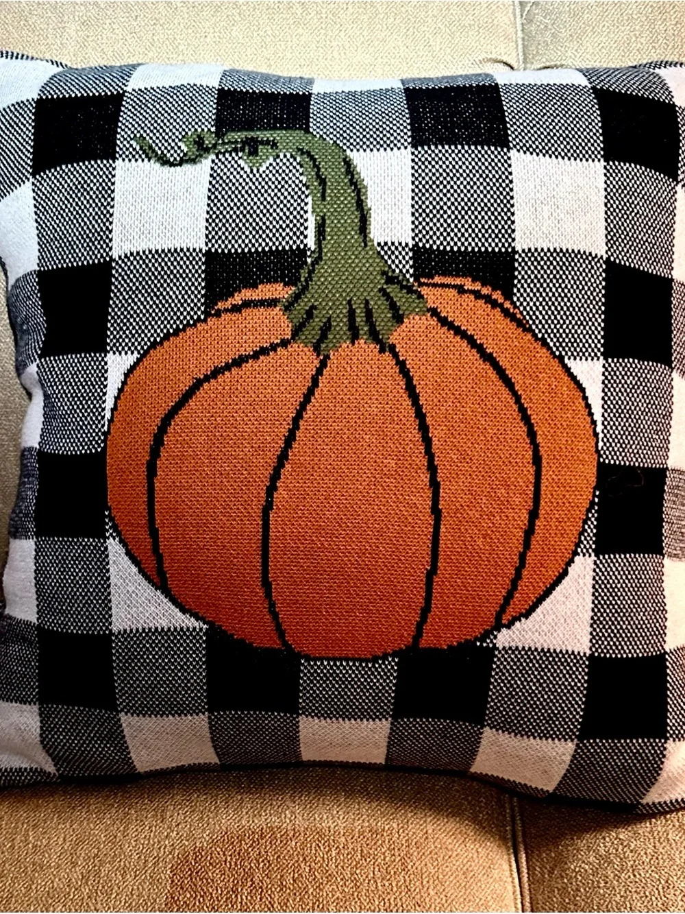 LargeFall Pumpkin Plaid Knit Pillow Cover in Orange and Black, Approx. 18